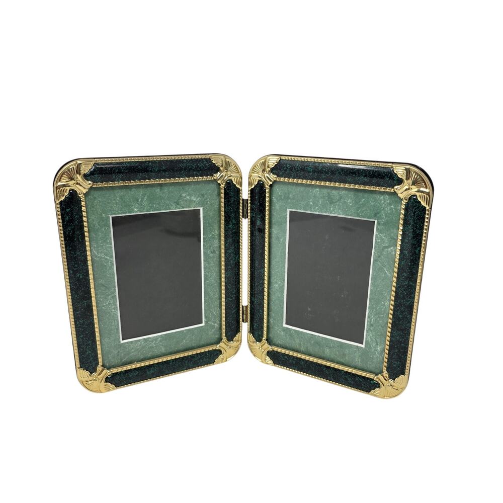 Vintage Loui Michel Double Photo Frame Green & Gold Art Deco Style Hinged Frame